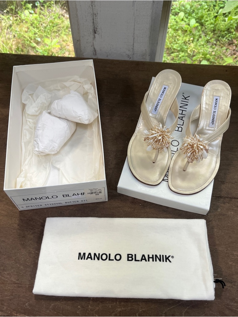 Manolo Blahnik Metallic Pale Gold Pearl & Shell Embellished Kitten Heel Sandals